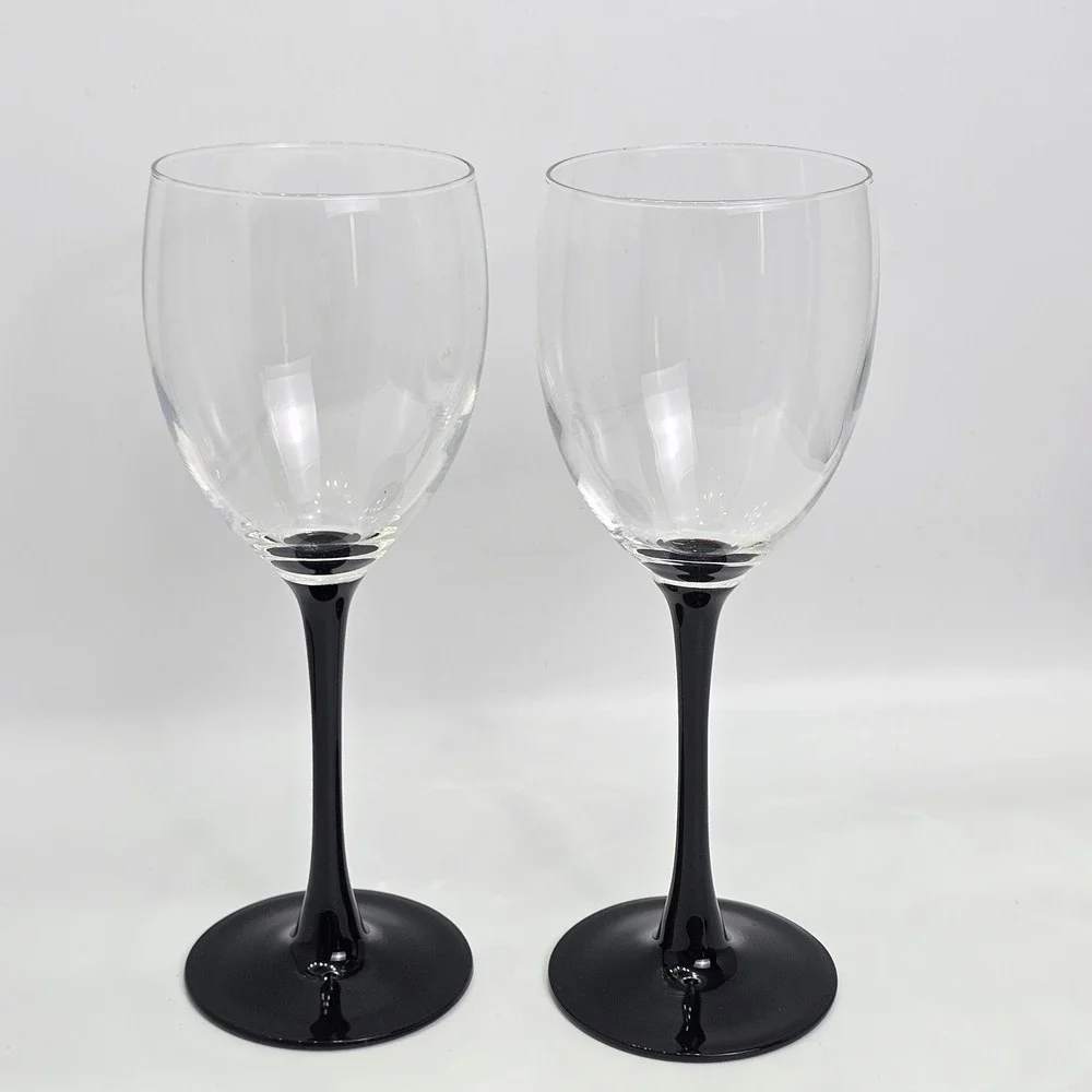 Vintage Luminarc Domino Black Stem Wine Glasses Set of 2 France Clear Bowl 8